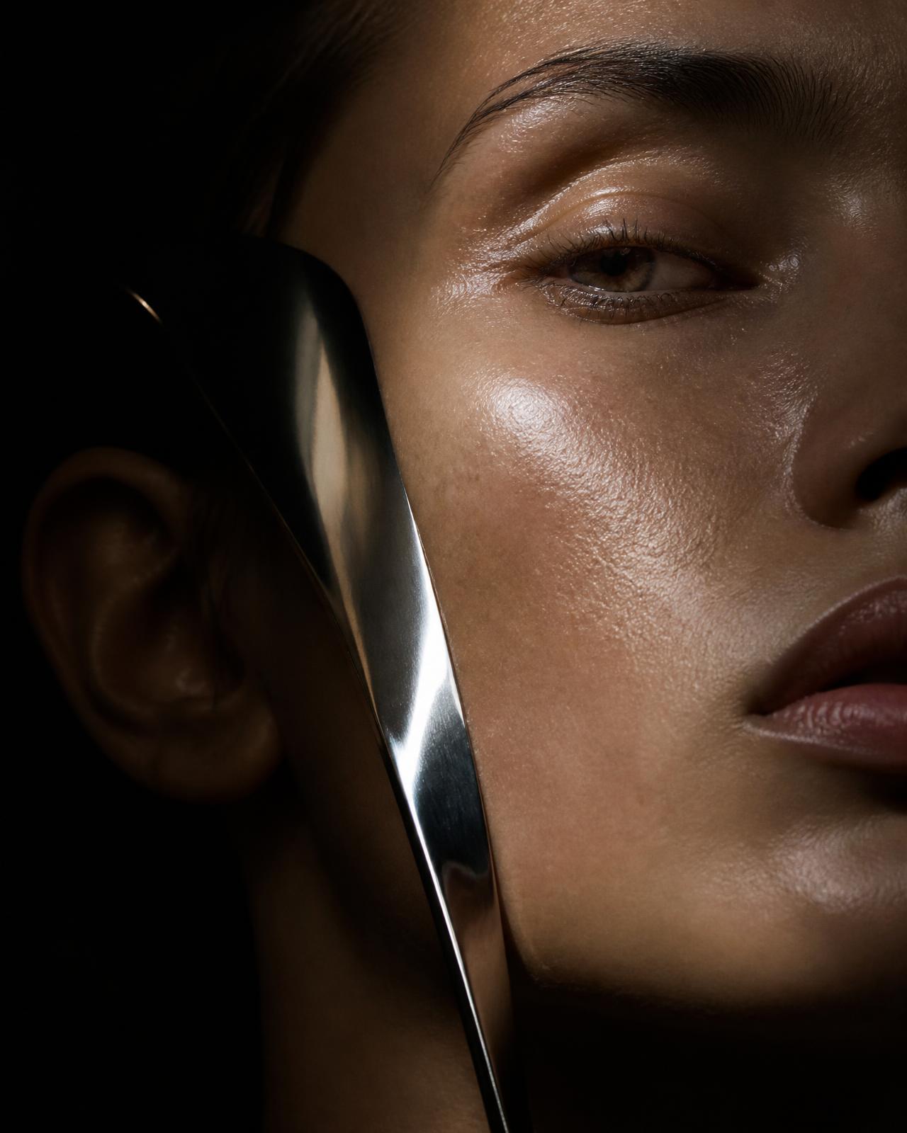 Beauty close-up: polished chrome blade against lit skin
