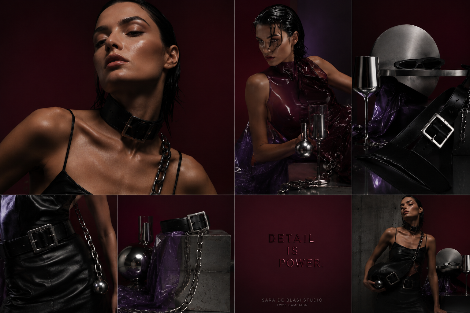 FW25 campaign direction grid: wine-red ground, chrome spheres, leather and PVC surfaces