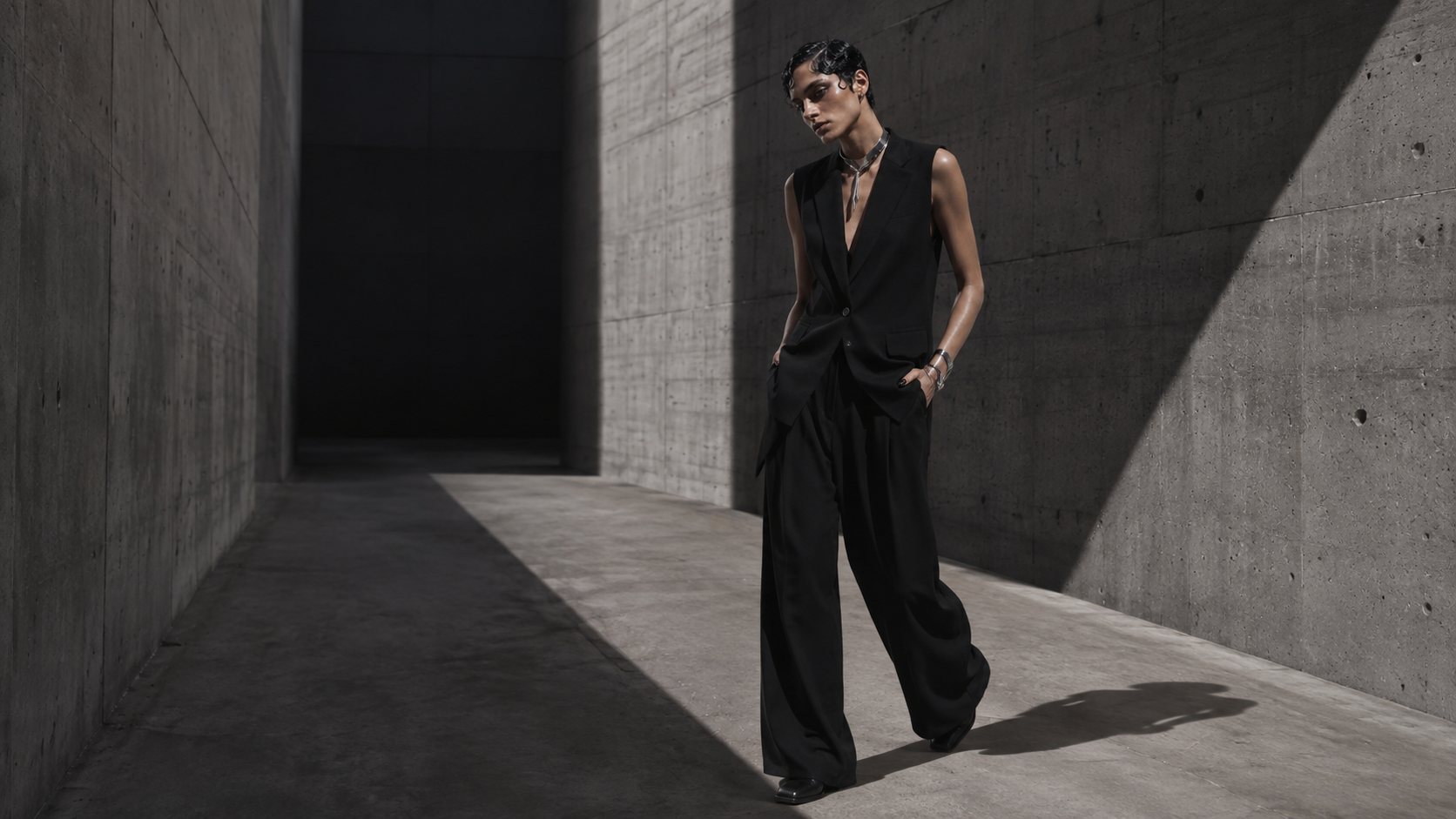 Full look in a concrete corridor cut by hard directional light