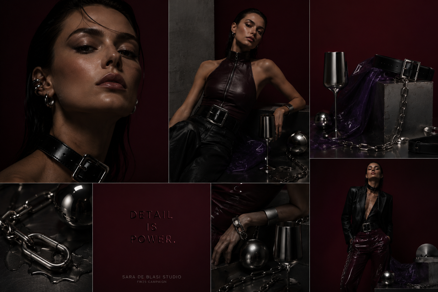FW25 campaign direction grid: chain and chrome still life with the DETAIL IS POWER statement frame