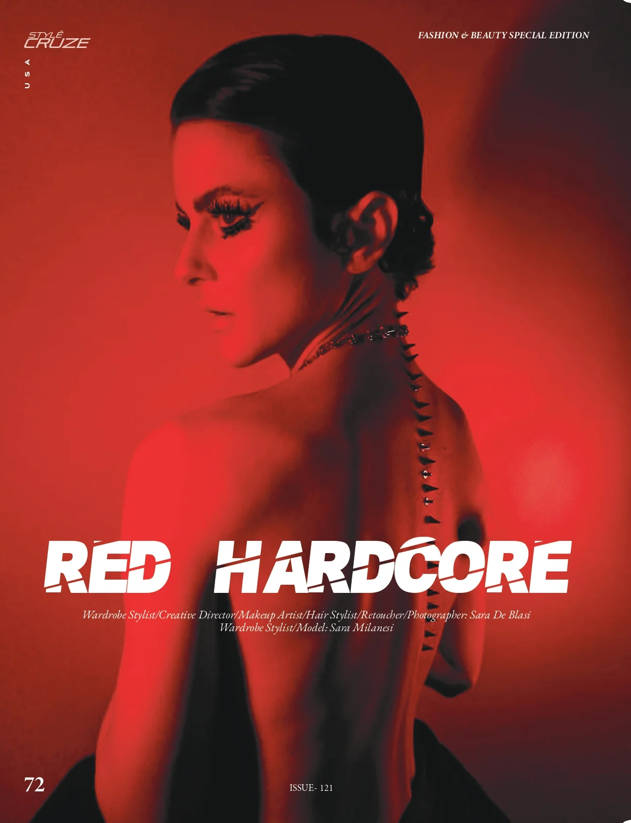 Beauty editorial frame: face fully saturated in red under hard flash, glossed skin and slicked hair