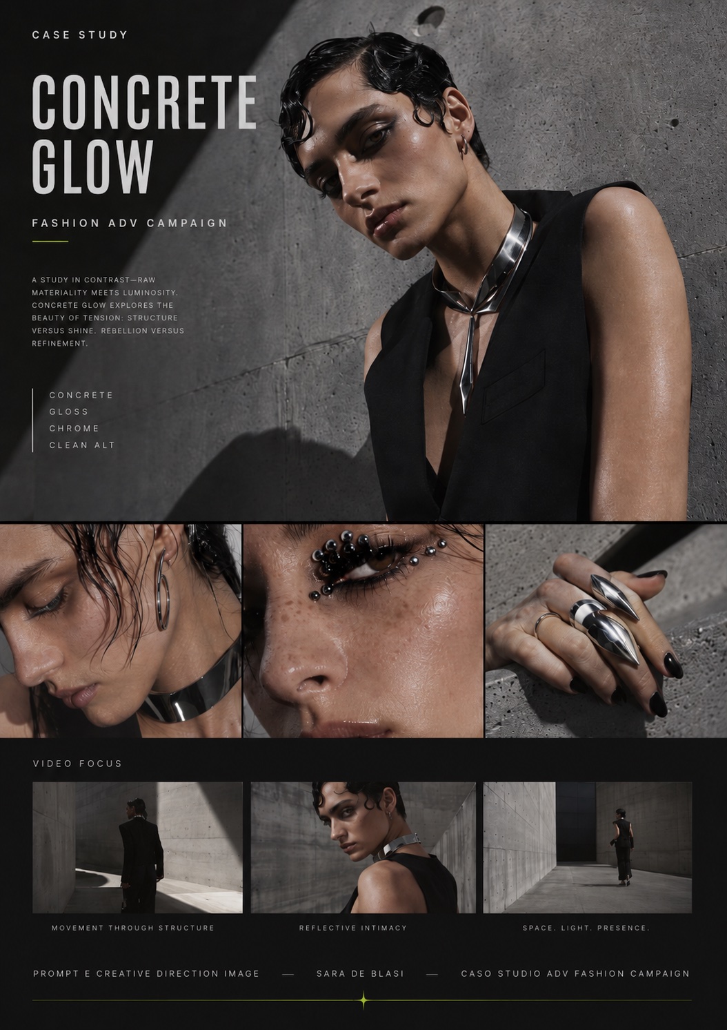 CONCRETE GLOW case-study board: chrome jewellery on wet-look skin against raw concrete, with detail frames and video-focus stills