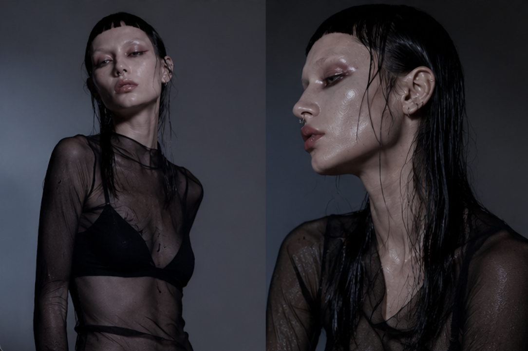 Two-frame beauty editorial: wet skin, sheer layer and hard sculpted light