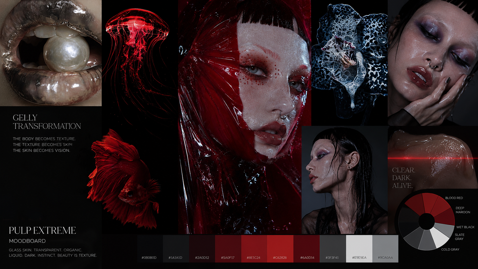 Pulp Extreme moodboard: glass-skin beauty studies, deep reds and chrome greys with a colour breakdown